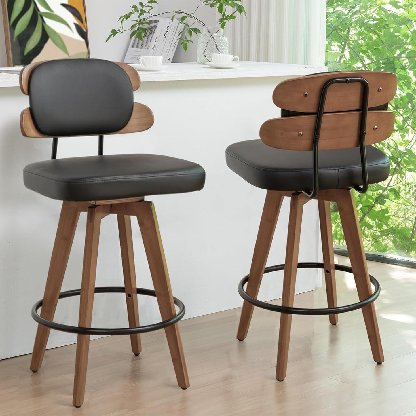 Set of 2 Counter Height Bar Stools - 26.4 Inch Swivel Stools with Walnut Craft, Faux Leather Upholstered Seat, Backs for Island/Kitchen (Walnut Green)