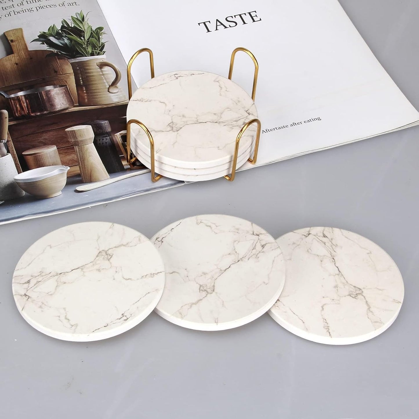 6 Pack White Marble Coaster Set with Holder Absorbent Drink Coasters Ceramic Cute Coaster Bar Dining Coffee Table Accessories Decor Gift Funny Cup Stone Modern Costers Cool Desk Beer Cork Coasters