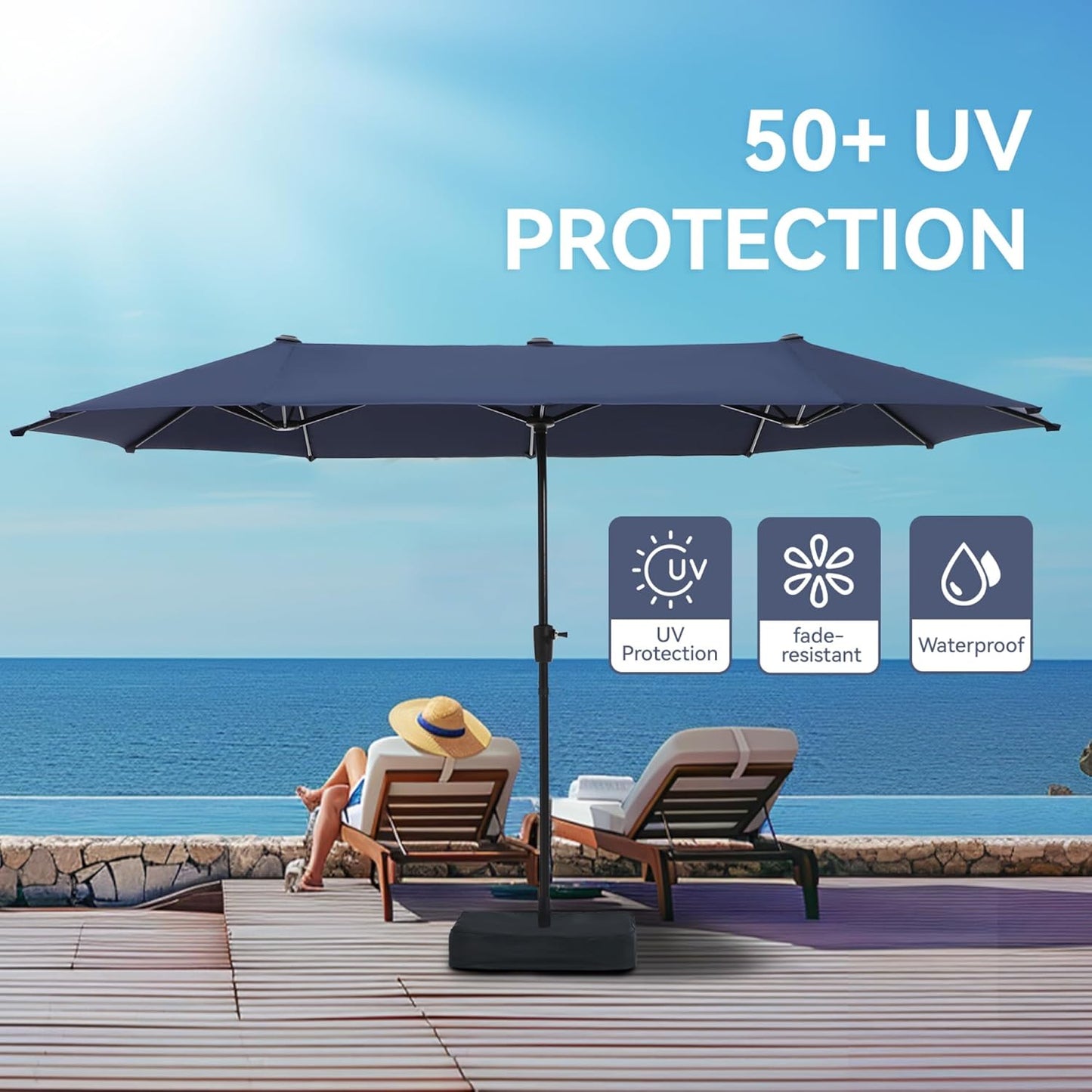 13Ft Rectangle Patio Umbrella, Double Sided Outdoor Table Umbrella with Crank & 1.5" Pole, Large Market Umbrella for Poolside Garden Deck Backyard, Navy Blue