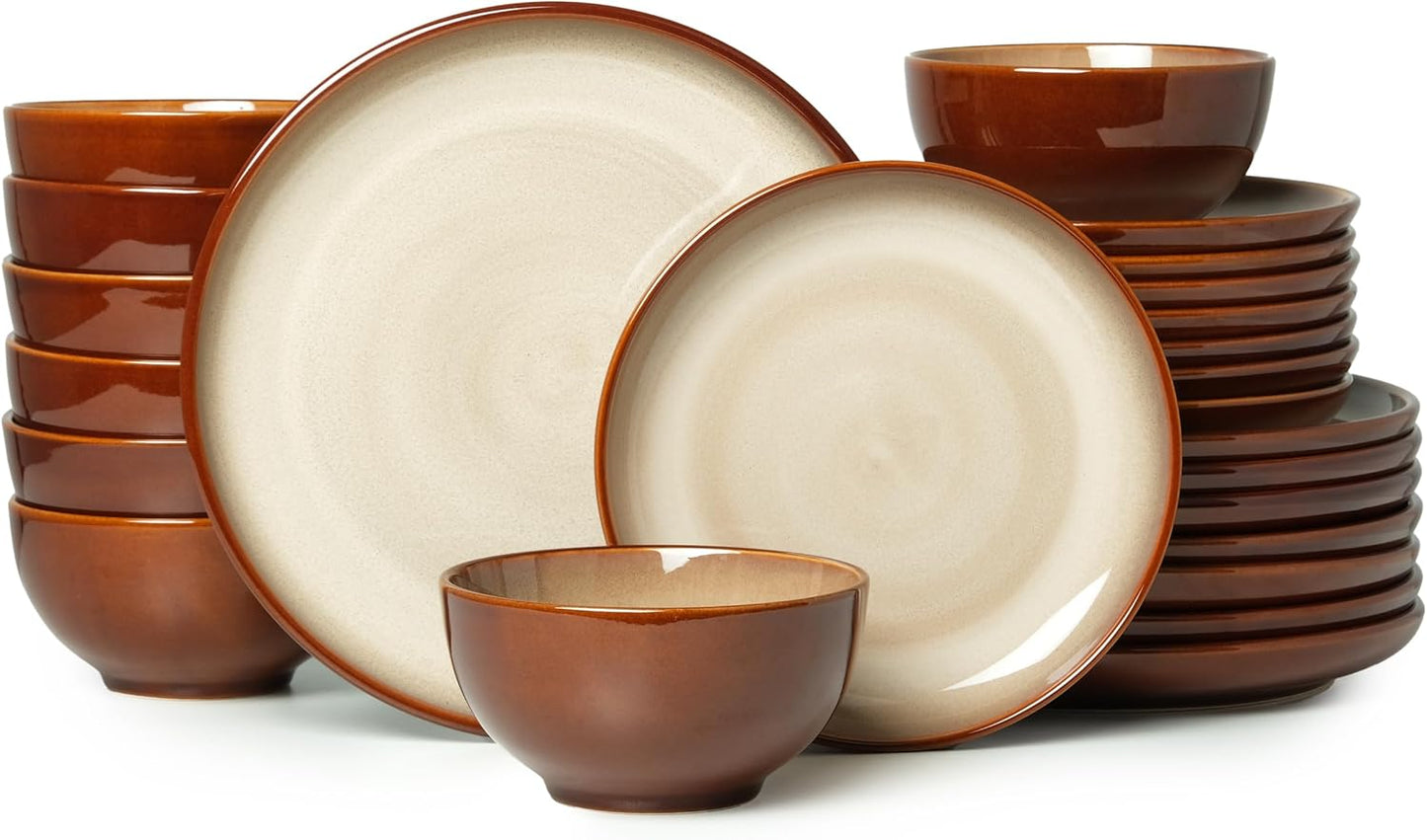 Stoneware Dinnerware Sets Service for 4, 12 Pcs Reactive Glaze Plates and Bowls Sets, Handmade Ceramic Dish Set, Highly Chip and Crack Resistant Modern Plate Set, Brown Green