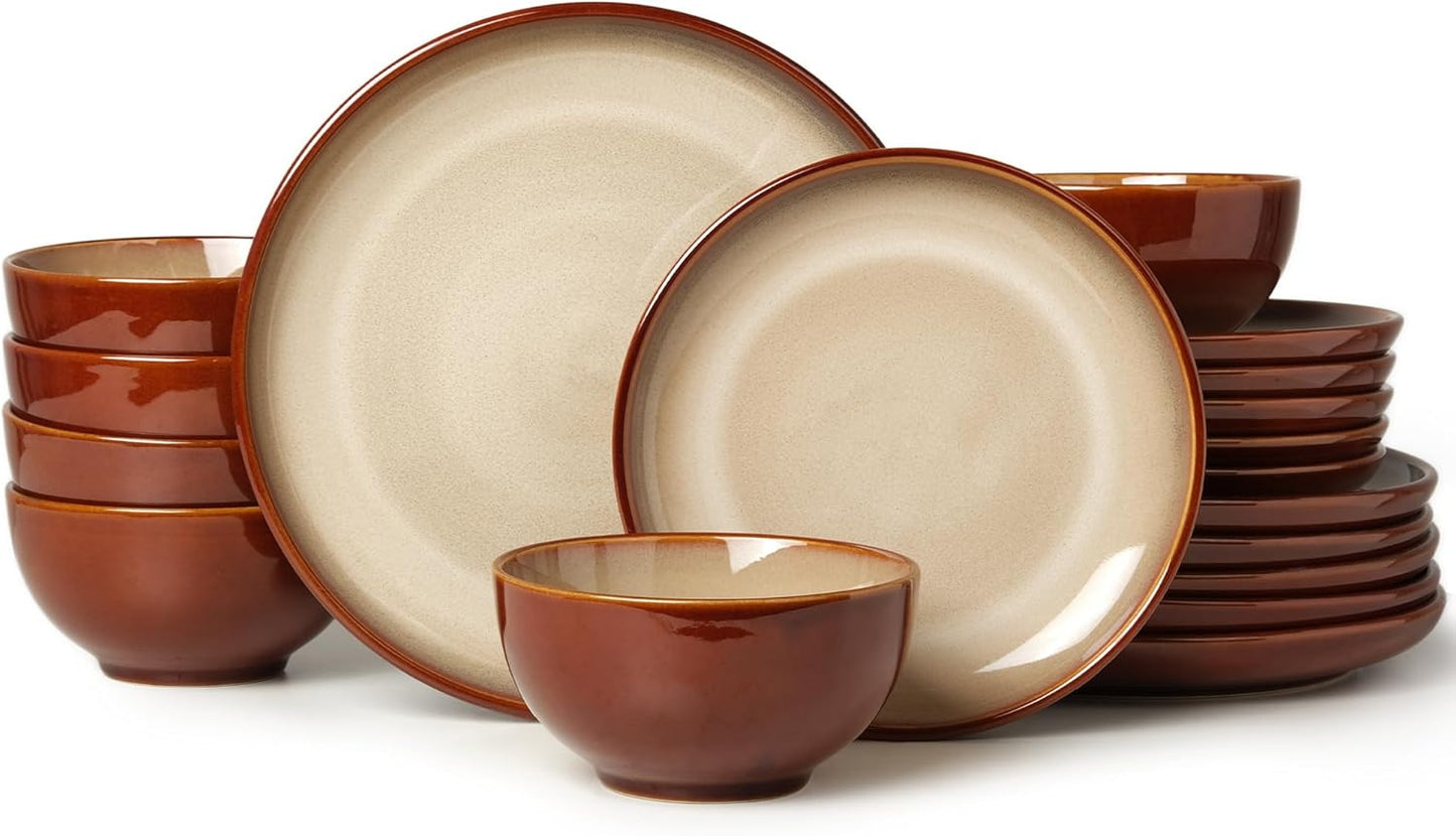 Stoneware Dinnerware Sets Service for 4, 12 Pcs Reactive Glaze Plates and Bowls Sets, Handmade Ceramic Dish Set, Highly Chip and Crack Resistant Modern Plate Set, Brown Green