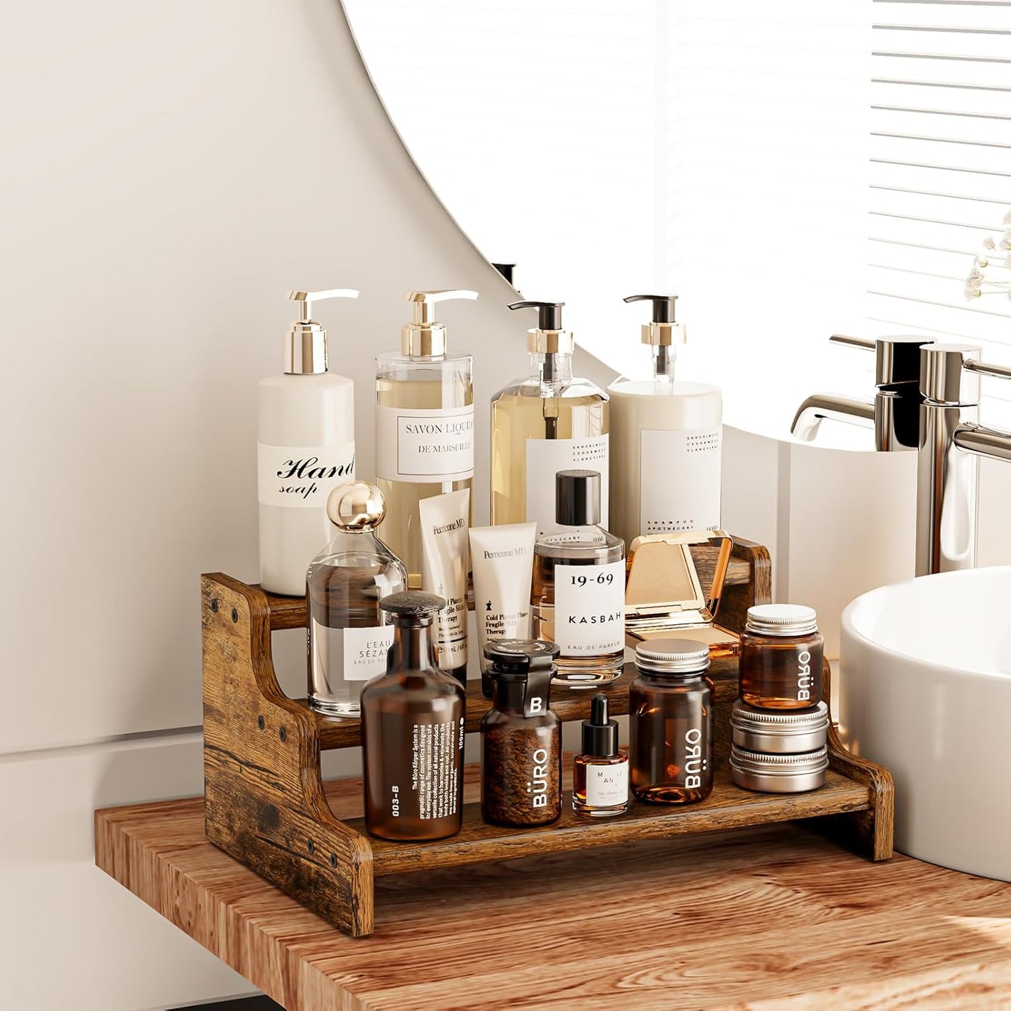 3-Tier Spice Rack, 13.8 Inch Wood Step Shelf Countertop Spice Storage Holder, Kitchen Pantry Cabinet Organizer Cupboard for Spice Bottles, Jars, Seasonings, Baking Supplies,Bathroom Organizer