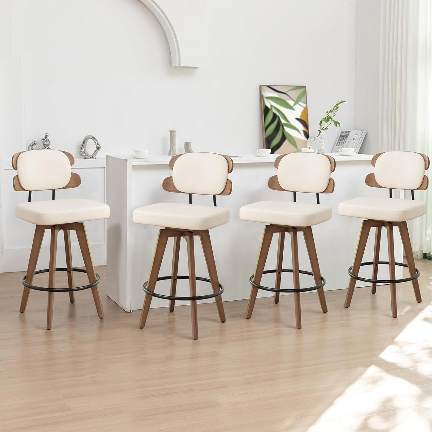Set of 2 Counter Height Bar Stools - 26.4 Inch Swivel Stools with Walnut Craft, Faux Leather Upholstered Seat, Backs for Island/Kitchen (Walnut Green)