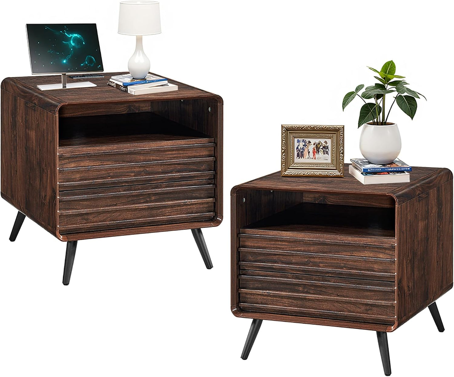 24" Nightstand with Charger Station, Mid Century Modern Fluted End Table with 2 Drawers, Wooden Side Table with Open Cubby Storage for Living Room, Bedroom, Office (Dark Walnut)