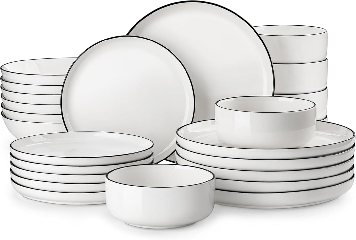 Modern Porcelain Dinnerware Set – White Ceramic Plates & Bowls with Black Rim