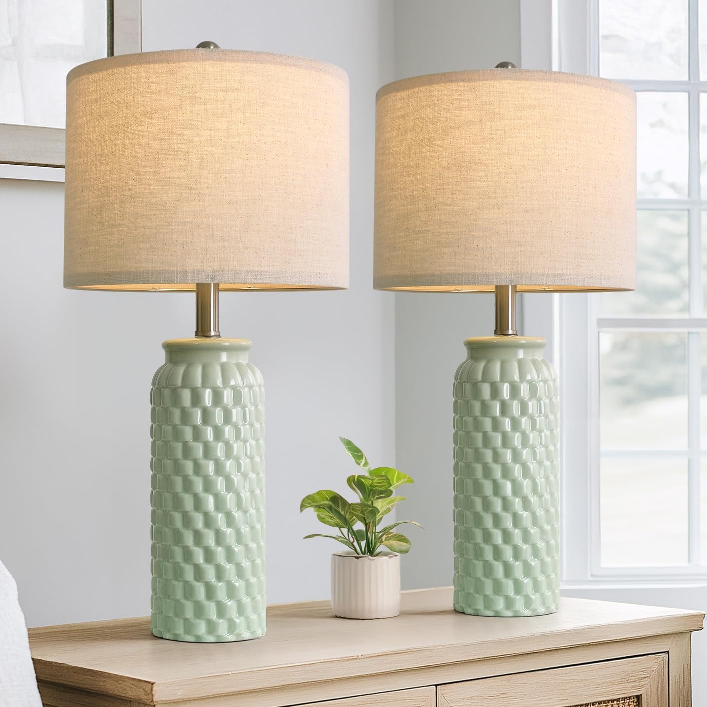 20.5" White Modern Ceramic Bedside Lamp Set of 2 for Bedroom Decor Farmhouse Table Lamp for Living Room Office Dorm