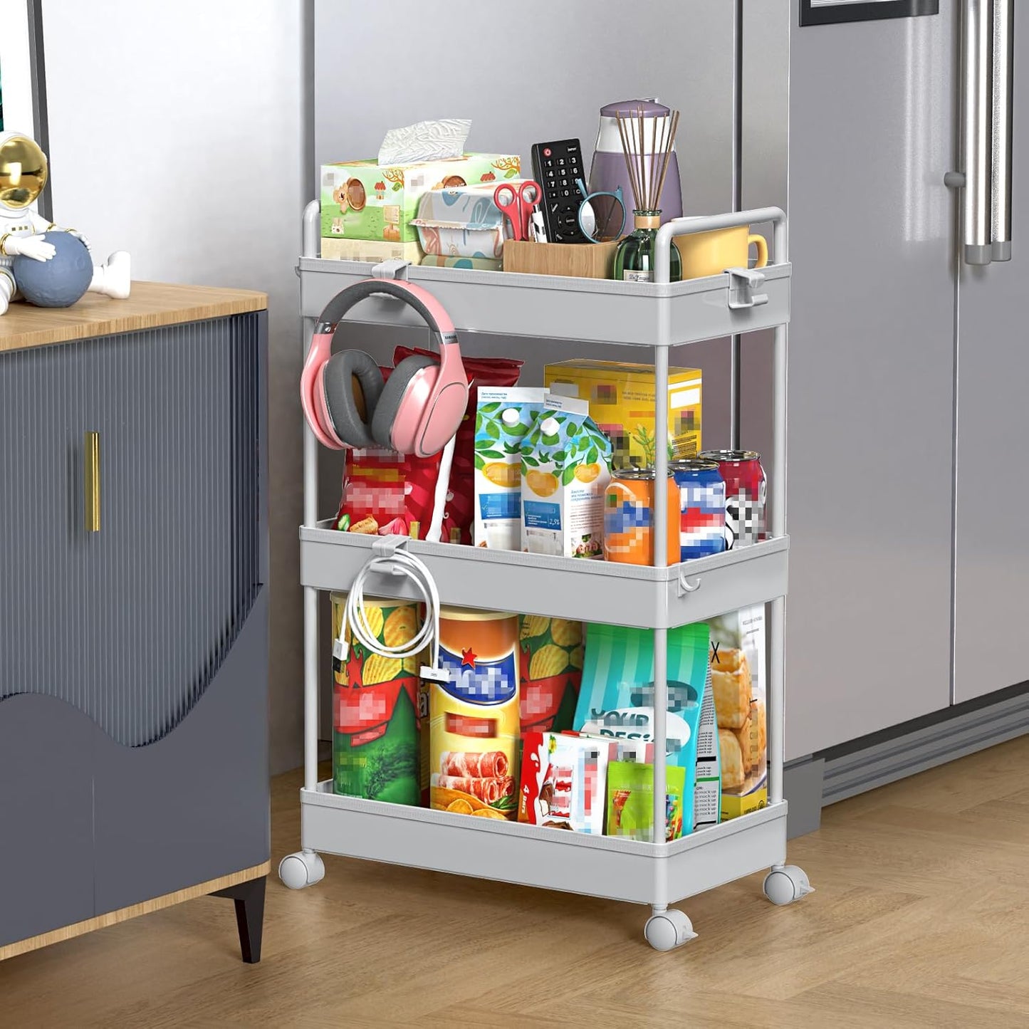 3 Tier Rolling Storage Cart with Wheels Slim Craft Nail Makeup Snack Art Baby Utility Cart Organizer on 2 Lockable Wheels for Bathroom Laundry Room Kitchen Bedside Narrow Spaces, White