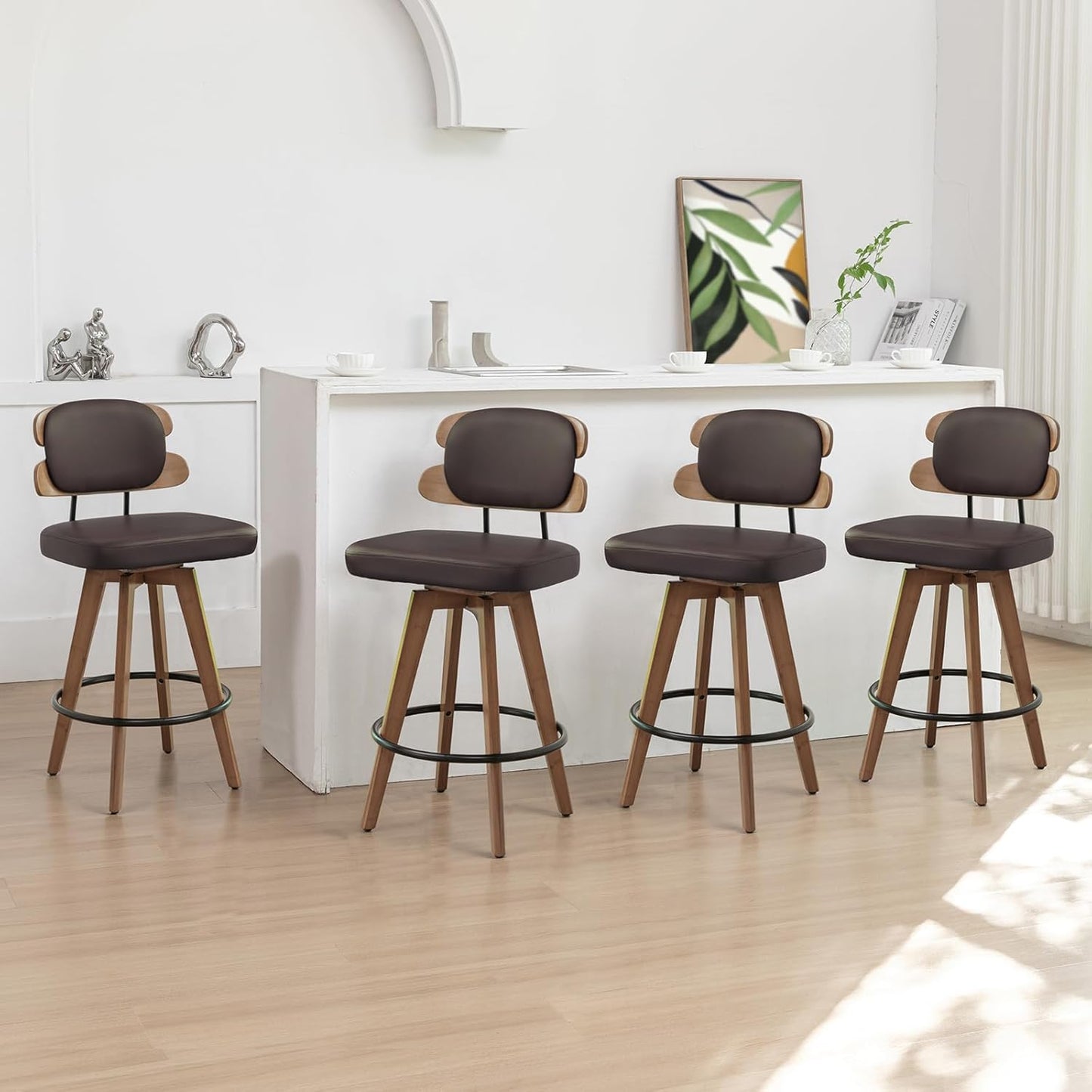 Set of 2 Counter Height Bar Stools - 26.4 Inch Swivel Stools with Walnut Craft, Faux Leather Upholstered Seat, Backs for Island/Kitchen (Walnut Green)