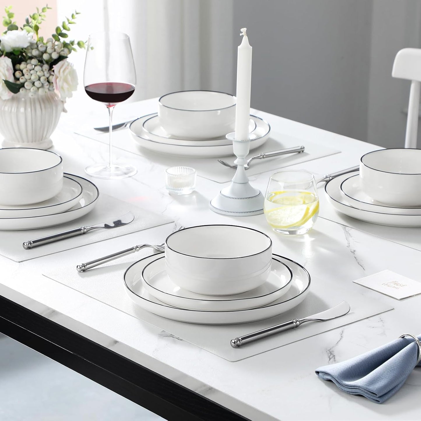 Modern Porcelain Dinnerware Set – White Ceramic Plates & Bowls with Black Rim