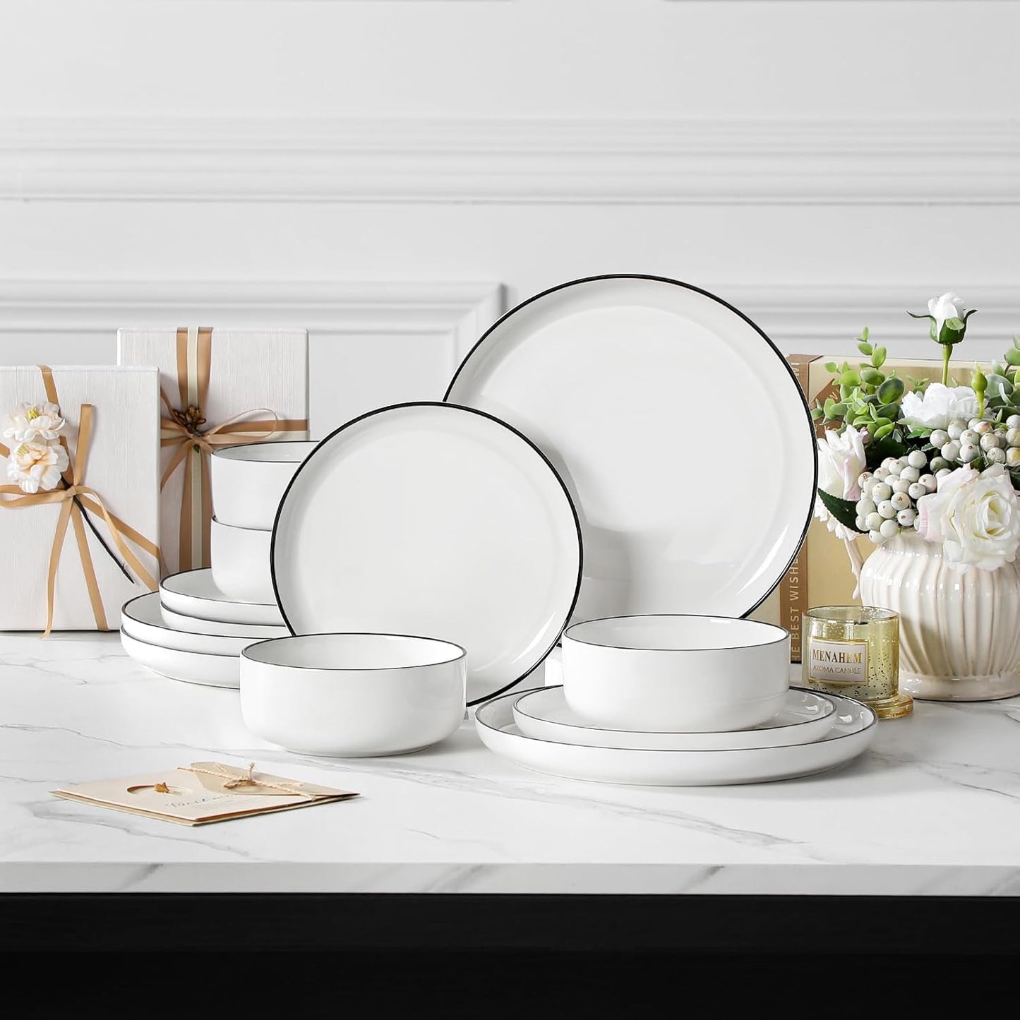 Modern Porcelain Dinnerware Set – White Ceramic Plates & Bowls with Black Rim