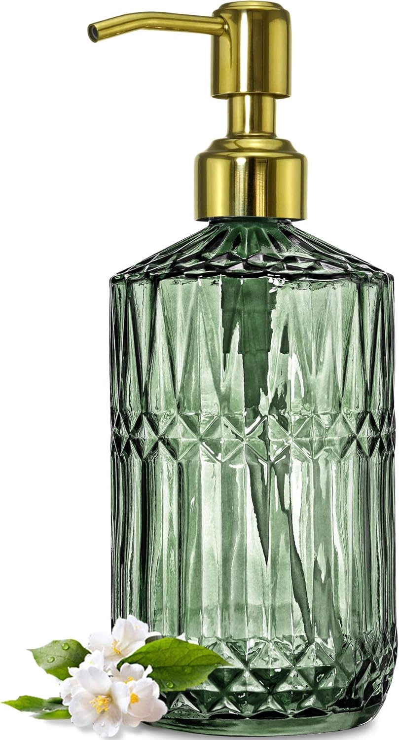 18Oz Green Soap Dispenser with Black Rust Proof Pump, Refillable Kitchen Soap Dispenser with Thick Glass, Soap Dispenser Bathroom for Hand Soap, Dish Soap, Lotion, Body Wash.