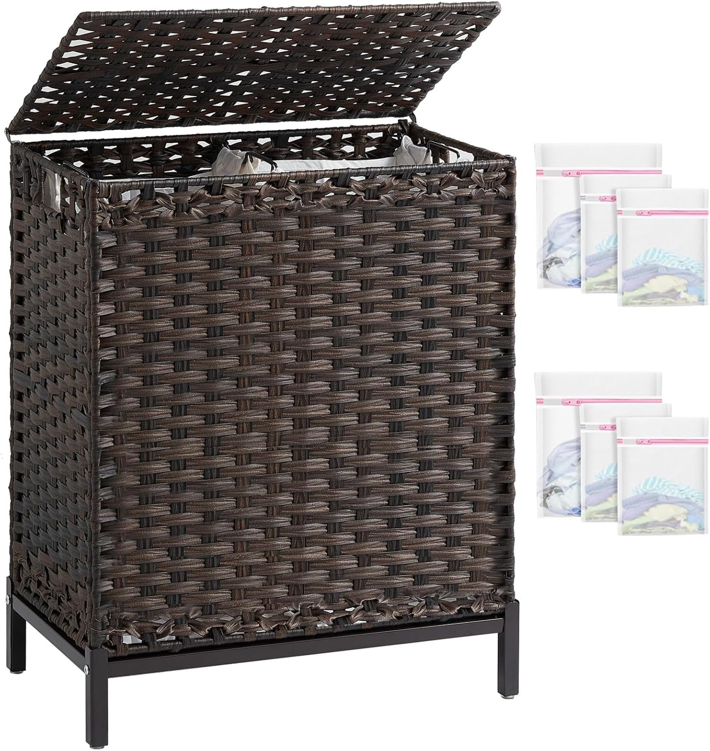 Laundry Hamper with Lid, 112 L Handwoven Rattan Wicker Laundry Basket, 2 Removable Liner Bags Metal Heightened Feet, 6 Mesh Bags, 2 Section Large Clothes Hamper for Bathroom Bedroom, Natural