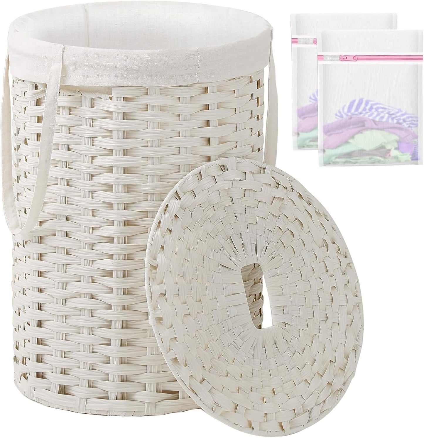 Laundry Hamper with Lid Laundry Basket with Lid 19.0 Gal (72 L) round Wicker Laundry Basket Handwoven Rattan Hamper Removable Bag 2 Mesh Bags Handles for Living Room Bathroom Natural