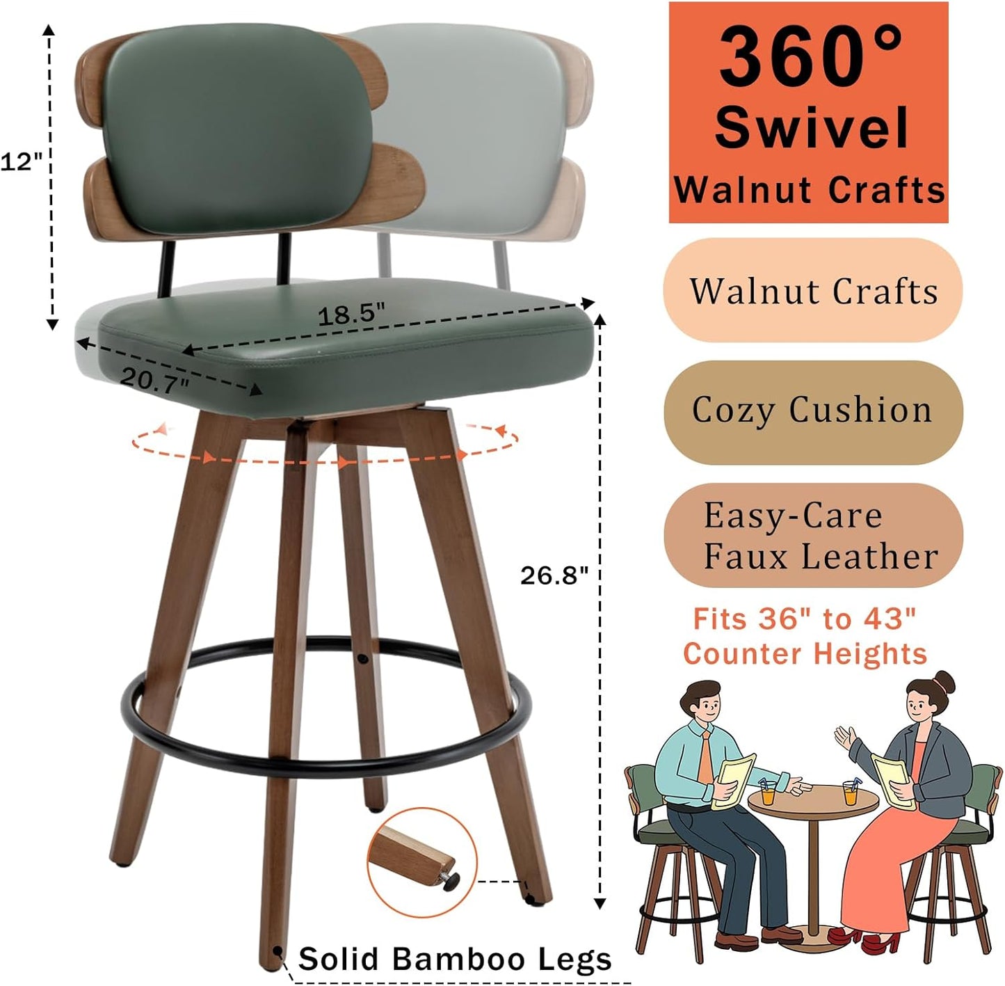 Set of 2 Counter Height Bar Stools - 26.4 Inch Swivel Stools with Walnut Craft, Faux Leather Upholstered Seat, Backs for Island/Kitchen (Walnut Green)