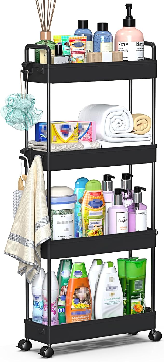 3 Tier Rolling Storage Cart with Wheels Slim Craft Nail Makeup Snack Art Baby Utility Cart Organizer on 2 Lockable Wheels for Bathroom Laundry Room Kitchen Bedside Narrow Spaces, White