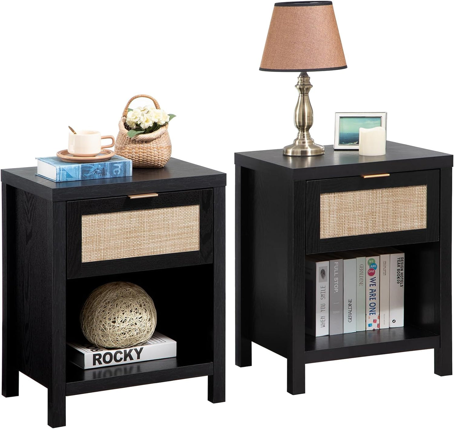 Rattan Night Stands, Farmhouse Nightstand Boho End Side Table Bedside Table with Drawer and Open Shelf for Bedroom, Light Oak