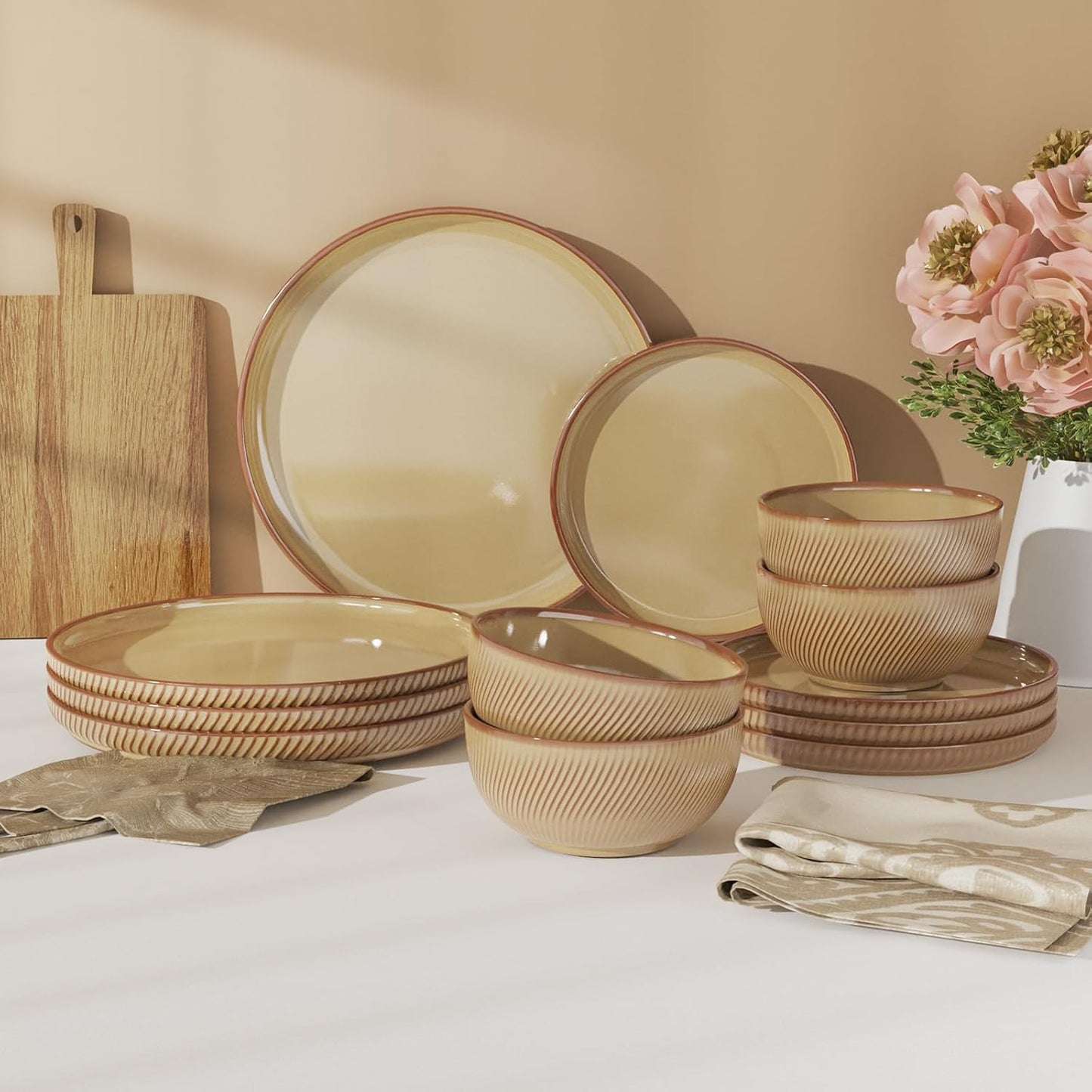 Stoneware Dinnerware Sets for 4, 12-Piece Scratch Resistant Plates and Bowls Set, Dishwasher and Microwave Safe Ceramic Dishes Set, Ribbed, Sculpted Dune