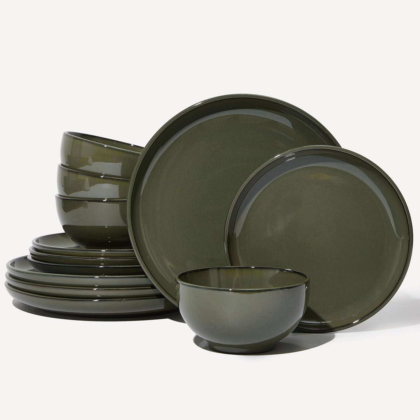 Stoneware Dinnerware Sets Service for 4, 12 Pcs Reactive Glaze Plates and Bowls Sets, Handmade Ceramic Dish Set, Highly Chip and Crack Resistant Modern Plate Set, Brown Green