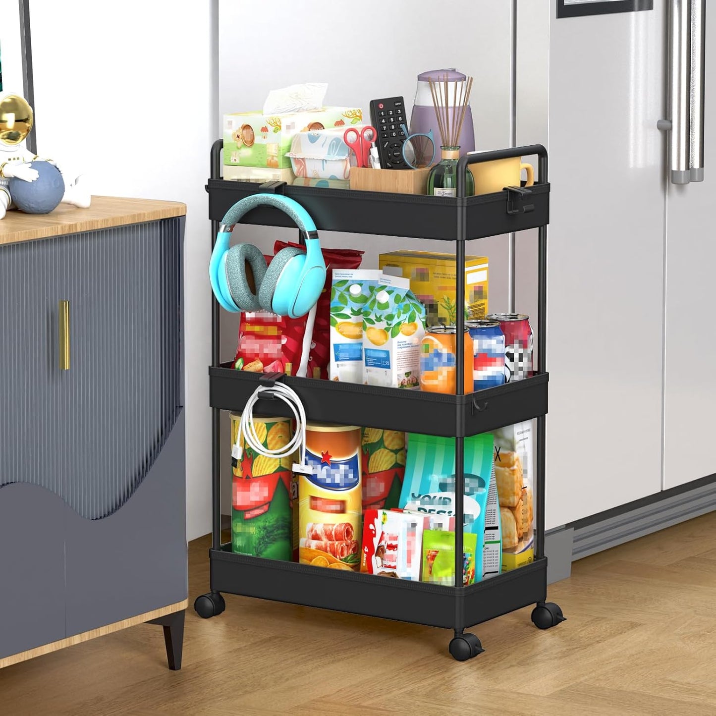 3 Tier Rolling Storage Cart with Wheels Slim Craft Nail Makeup Snack Art Baby Utility Cart Organizer on 2 Lockable Wheels for Bathroom Laundry Room Kitchen Bedside Narrow Spaces, White