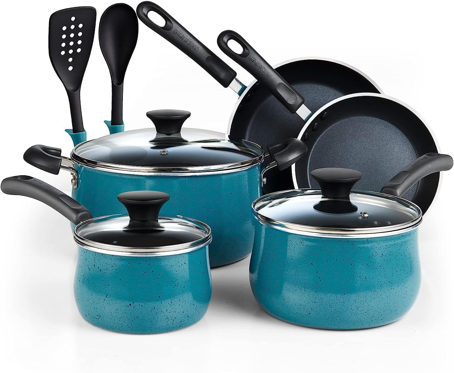 Pots and Pans Nonstick Cookware Set 10-Piece, Belly Shape Kitchen Cooking Set with Frying Pans and Saucepans, Induction Compatible, Turquoise