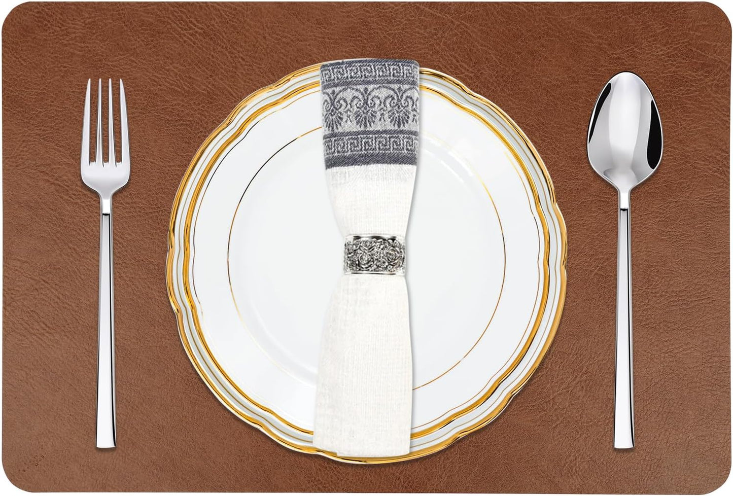 Cowhide Pattern Faux Leather Placemats Set of 6,Heat Resistant Non-Slip Waterproof Wipeable Washable Kitchen Dining PU Table Place Mats,Double-Sides Available,Dark Coffee