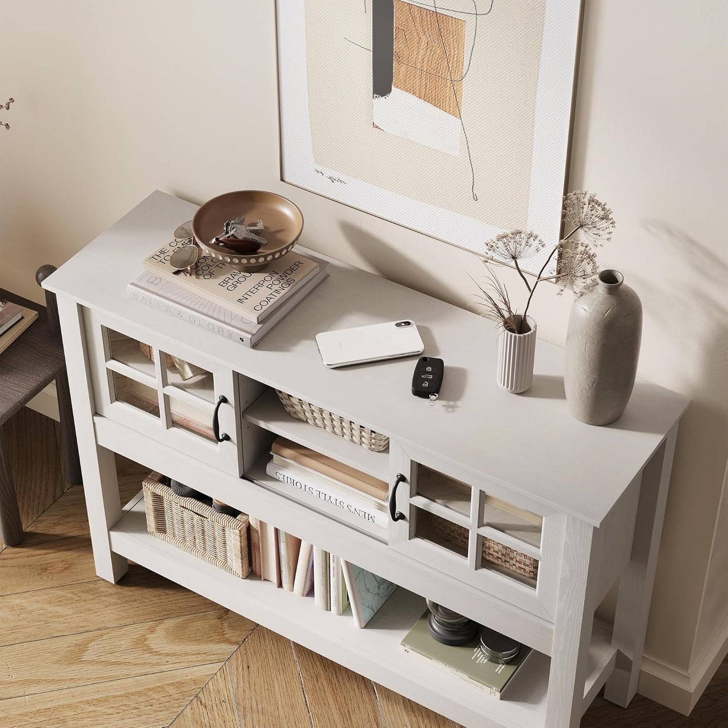 46“ Console Table with Sliding Glass Doors, Coffee Bar, Modern Entryway Table with Storage Shelf, Sofa Table behind Couch, Buffet Sideboard for Kitchen, Hallway, Living Room, White