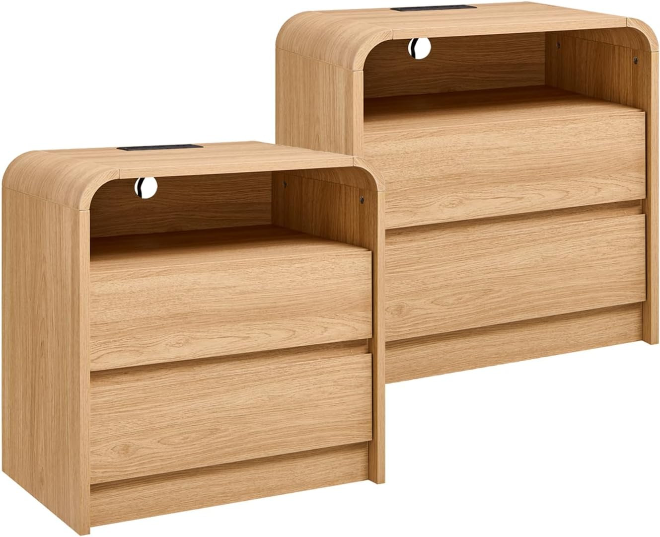 25" Tall Modern Nightstand with Charging Station, 23.6'' Wide Wood Bedside Table W/2 Storage Drawers, Large Mid Century End Table for Bedroom, Living Room, Curved Profile Design,Natural Oak