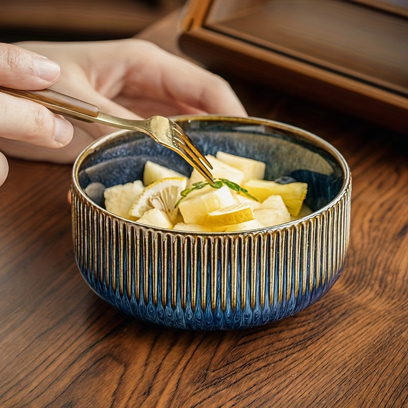 4pcs Retro Vertical Stripe Ceramic Rice Bowls, 4.5” Microwave-Safe Soup & Snack Bowls