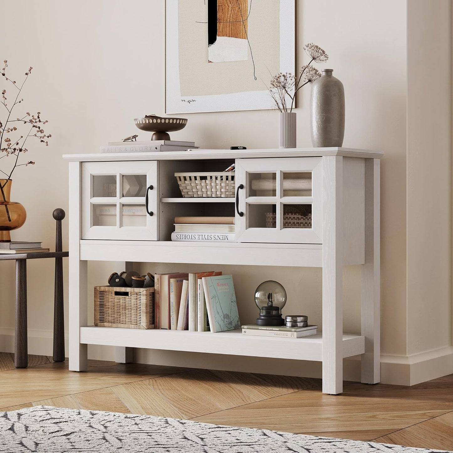 46“ Console Table with Sliding Glass Doors, Coffee Bar, Modern Entryway Table with Storage Shelf, Sofa Table behind Couch, Buffet Sideboard for Kitchen, Hallway, Living Room, White
