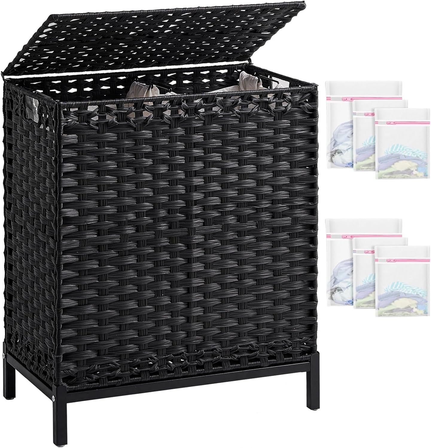Laundry Hamper with Lid, 112 L Handwoven Rattan Wicker Laundry Basket, 2 Removable Liner Bags Metal Heightened Feet, 6 Mesh Bags, 2 Section Large Clothes Hamper for Bathroom Bedroom, Natural