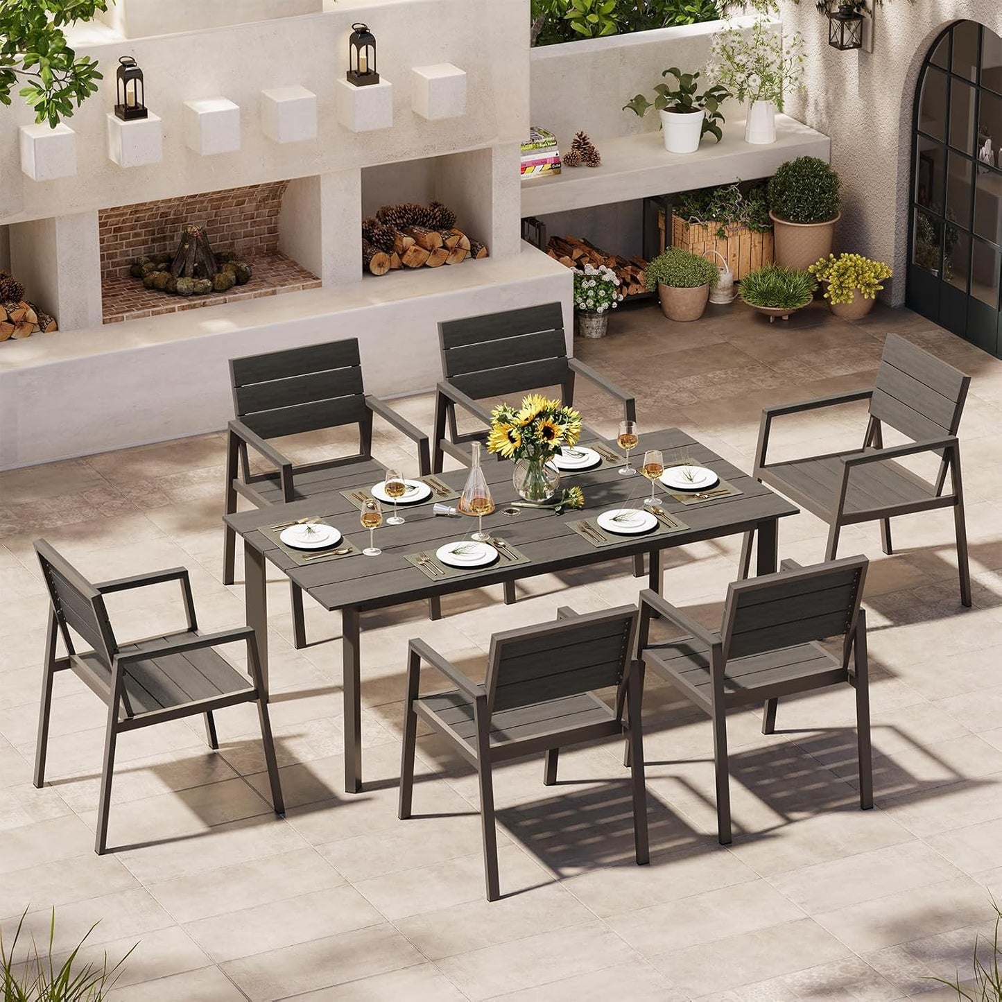 Outdoor Dining Set for 6, Patio Table and Chairs Set with Umbrella Hole, 7 Pieces HDPS Outdoor Furniture Sets for Patio, Garden, Backyard (Gray & Teak)