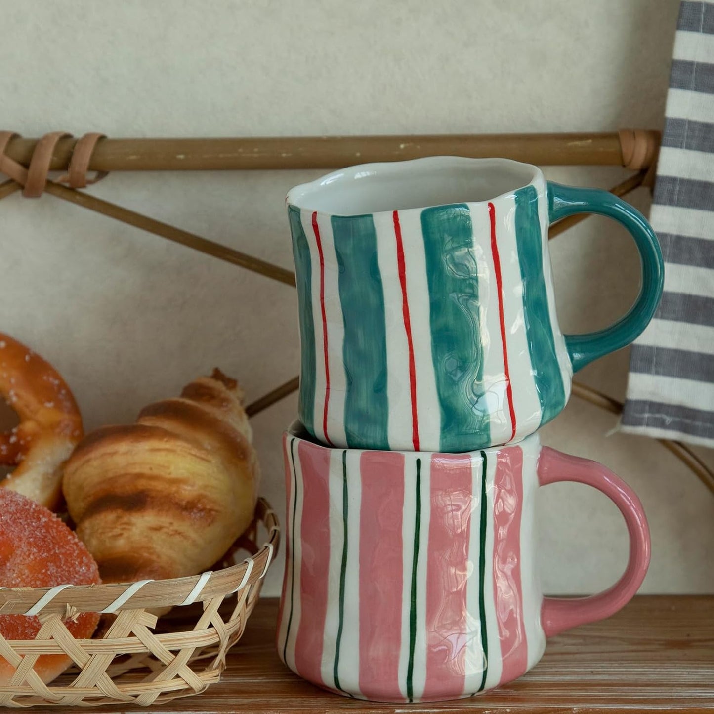Striped Ceramic Coffee Mugs Set - 2 Pack, Pink & Green,Perfect for Morning Brew or Tea and Cocoa - for Coffee Lovers