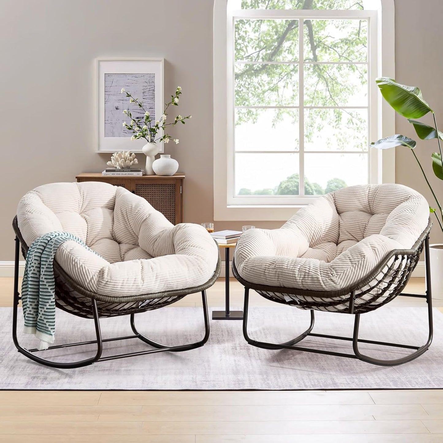 Large Indoor Outdoor Rocking Chair, Oversized Rocking Papasan Chair with Thick Cushion and Frame Outdoor Rocker, Comfy Wicker Egg Chairs Lounge for outside Porch Patio Backyard Balcony (Beige)