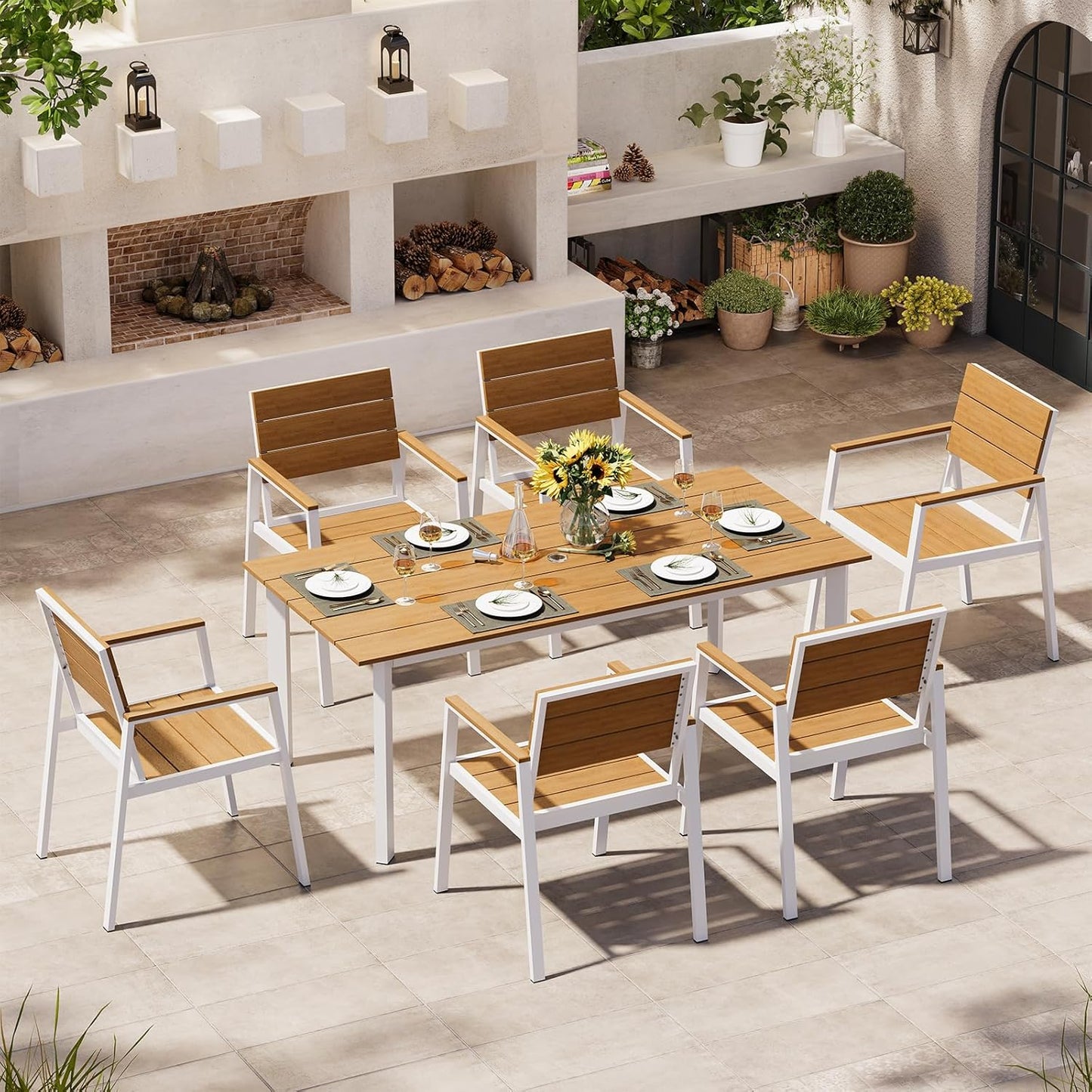 Outdoor Dining Set for 6, Patio Table and Chairs Set with Umbrella Hole, 7 Pieces HDPS Outdoor Furniture Sets for Patio, Garden, Backyard (Gray & Teak)