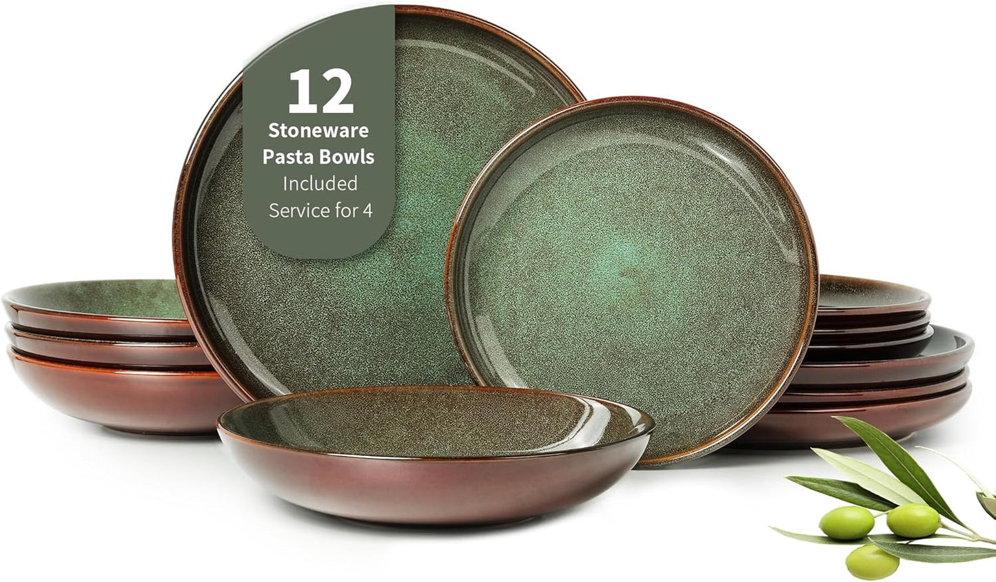 Stoneware Dinnerware Sets Service for 4, 12 Pcs Reactive Glaze Plates and Bowls Sets, Handmade Ceramic Dish Set, Highly Chip and Crack Resistant Modern Plate Set, Brown Green