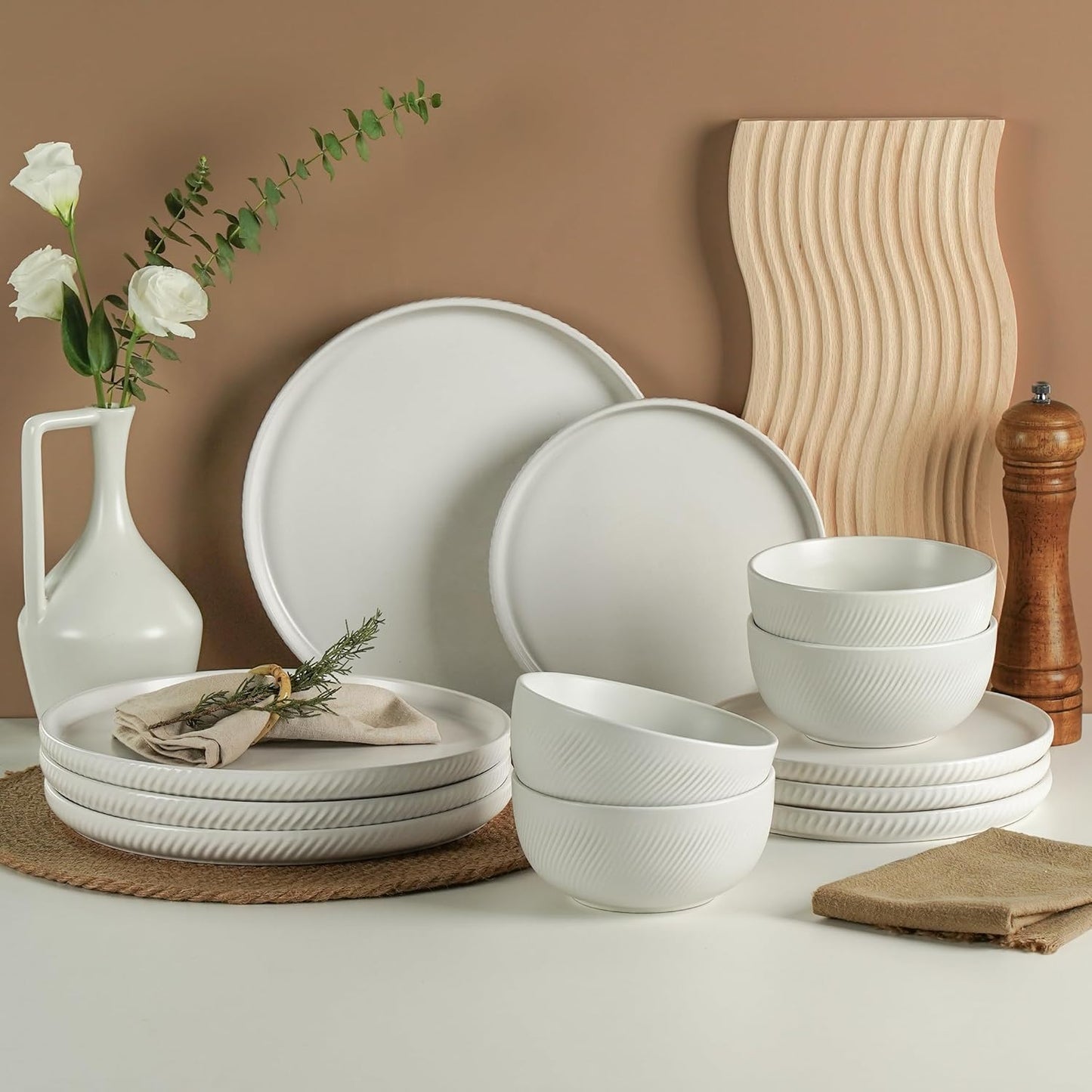 Stoneware Dinnerware Sets for 4, 12-Piece Scratch Resistant Plates and Bowls Set, Dishwasher and Microwave Safe Ceramic Dishes Set, Ribbed, Sculpted Dune