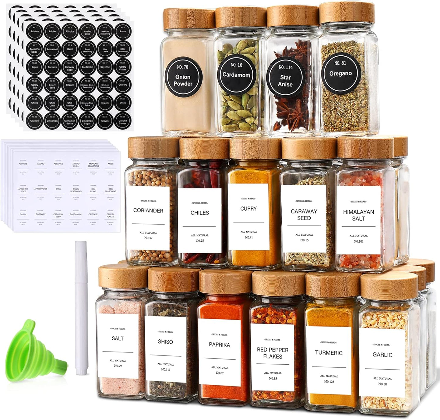 Glass Spice Jar Set with Bamboo Lids – Seasoning Organizer for Kitchen & Cabinet