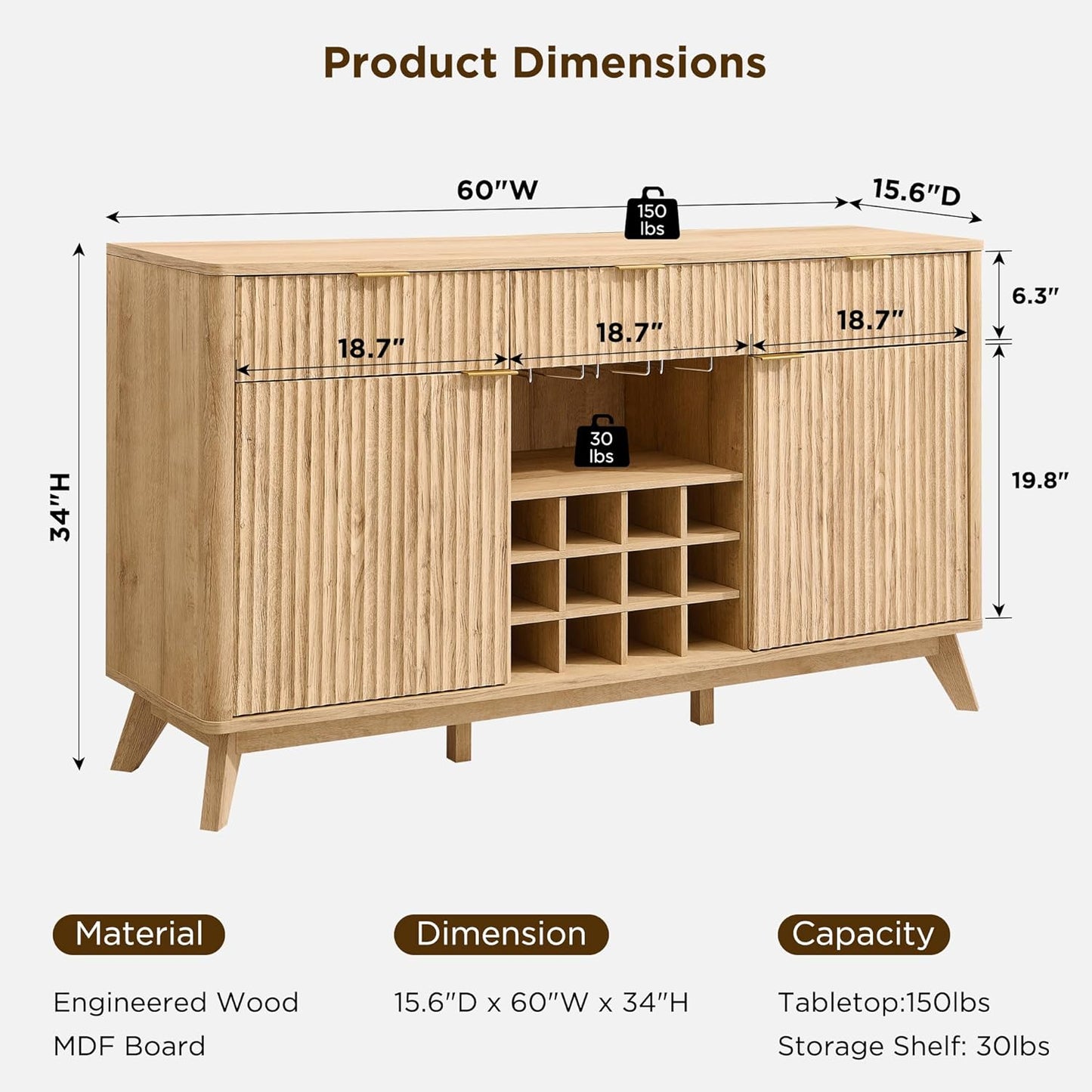 Fluted Wine Bar Cabinet for Liquor, 60" Modern Coffee Bar Cabinet W/Wine & Glass Rack, Large Buffet Sideboard W/ 3 Storage Drawers & Adjustable Shelves for Home, Dining Room, Kitchen, Natural Oak