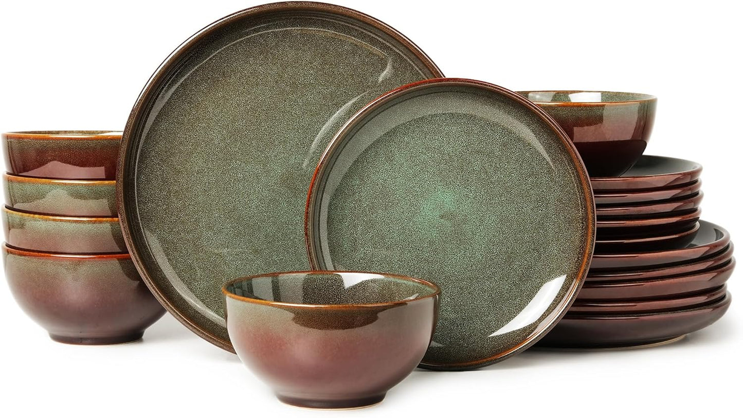 Stoneware Dinnerware Sets Service for 4, 12 Pcs Reactive Glaze Plates and Bowls Sets, Handmade Ceramic Dish Set, Highly Chip and Crack Resistant Modern Plate Set, Brown Green