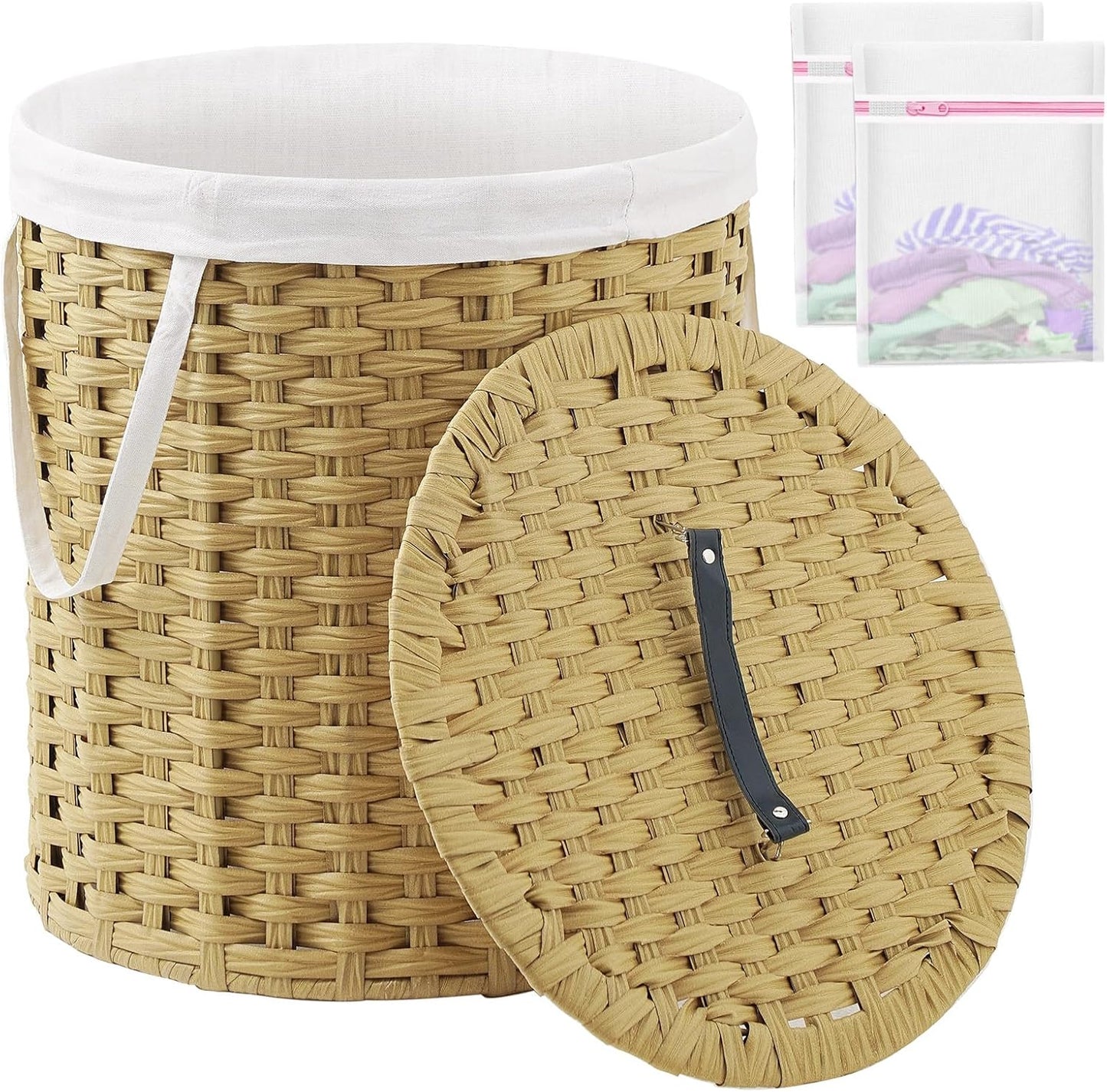 Laundry Hamper with Lid Laundry Basket with Lid 19.0 Gal (72 L) round Wicker Laundry Basket Handwoven Rattan Hamper Removable Bag 2 Mesh Bags Handles for Living Room Bathroom Natural