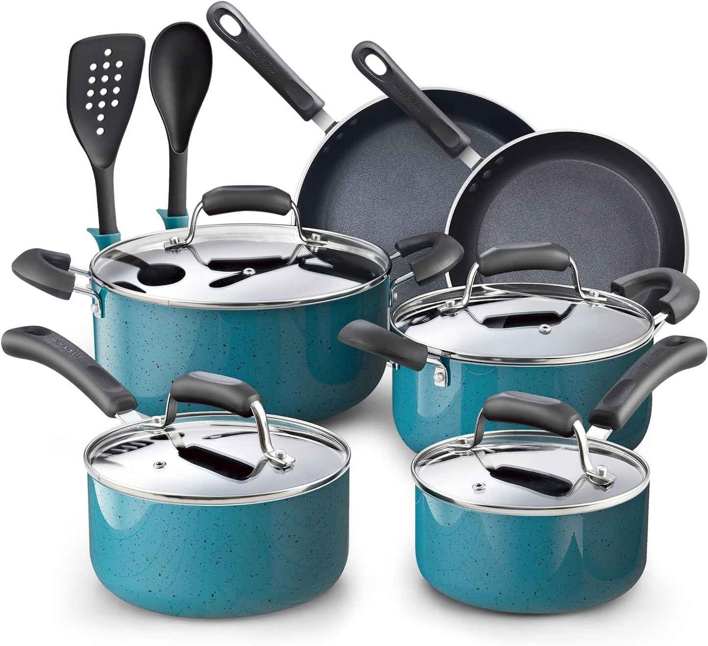 Pots and Pans Nonstick Cookware Set 10-Piece, Belly Shape Kitchen Cooking Set with Frying Pans and Saucepans, Induction Compatible, Turquoise