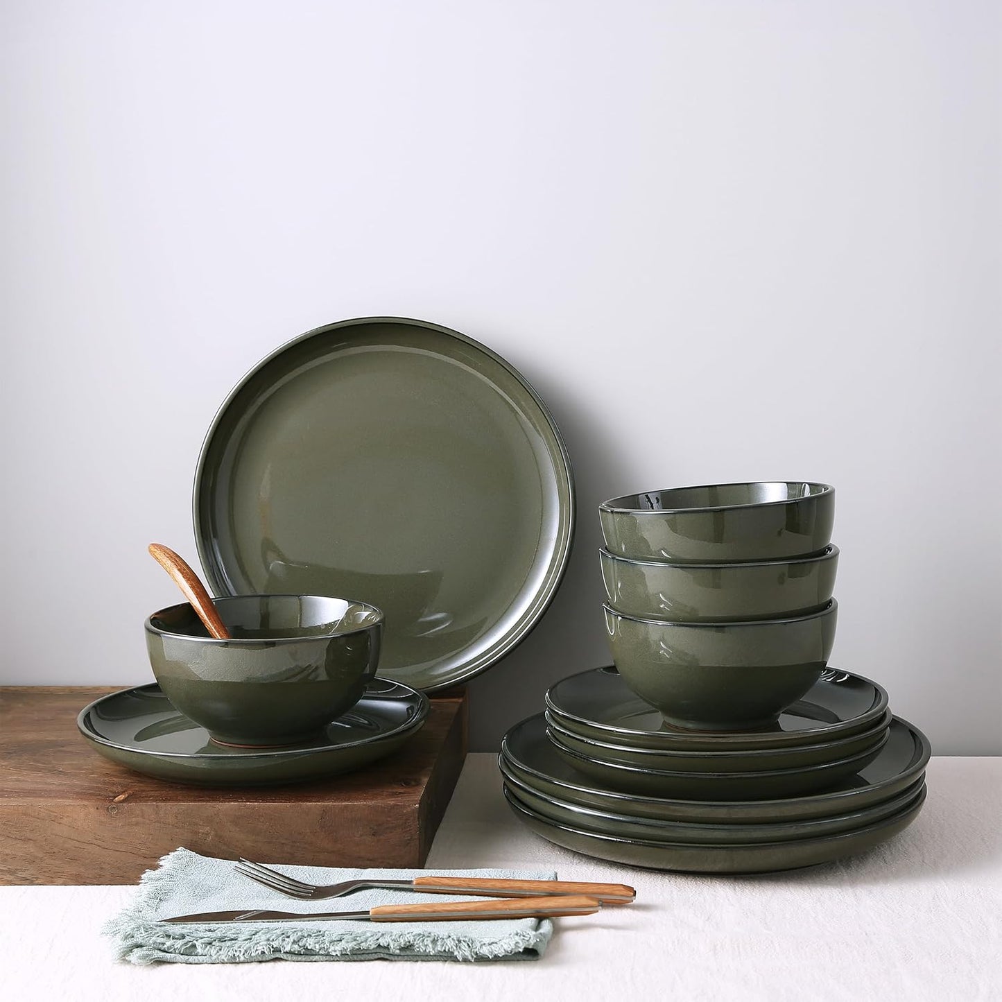 Stoneware Dinnerware Sets Service for 4, 12 Pcs Reactive Glaze Plates and Bowls Sets, Handmade Ceramic Dish Set, Highly Chip and Crack Resistant Modern Plate Set, Brown Green