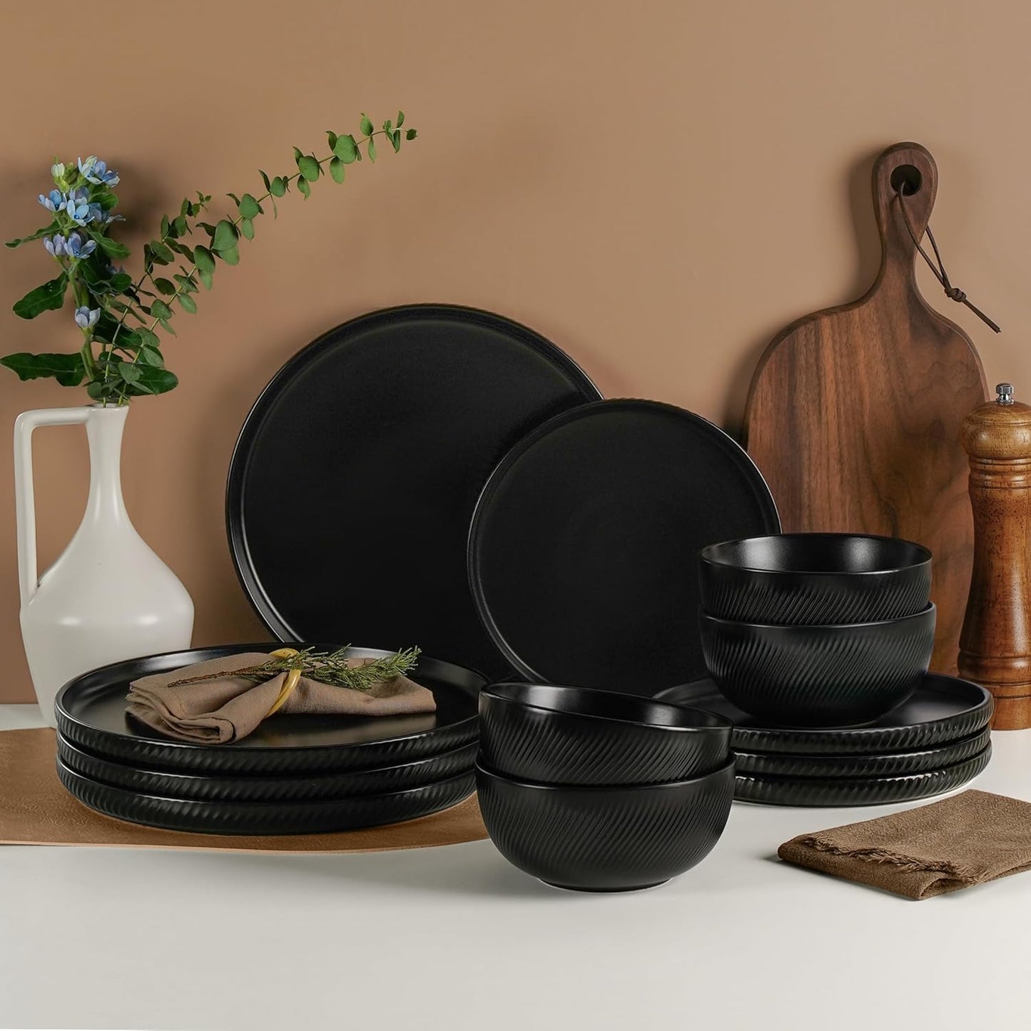 Stoneware Dinnerware Sets for 4, 12-Piece Scratch Resistant Plates and Bowls Set, Dishwasher and Microwave Safe Ceramic Dishes Set, Ribbed, Sculpted Dune