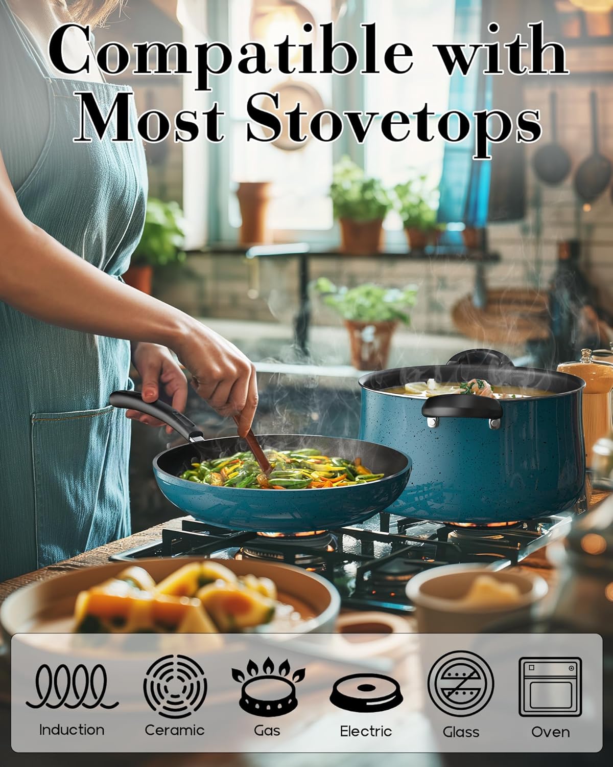 Pots and Pans Nonstick Cookware Set 10-Piece, Belly Shape Kitchen Cooking Set with Frying Pans and Saucepans, Induction Compatible, Turquoise