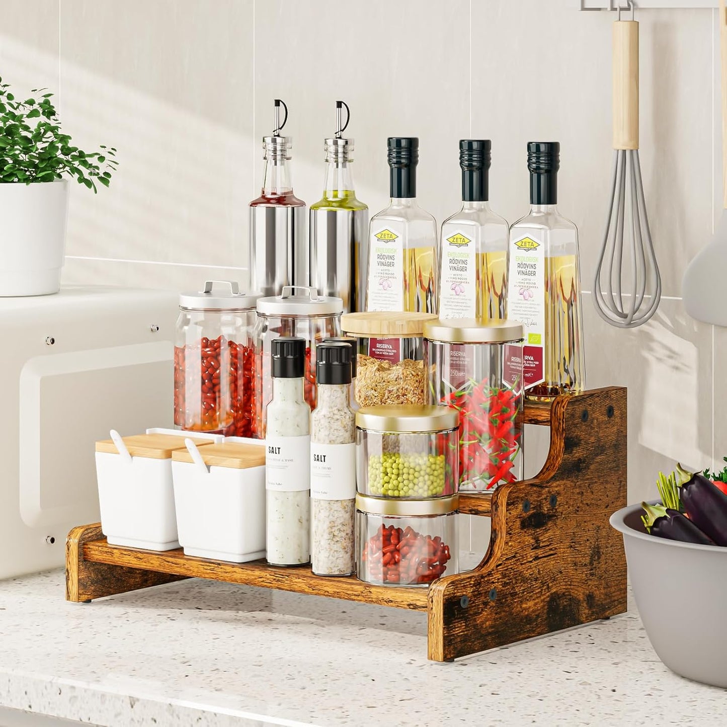 3-Tier Spice Rack, 13.8 Inch Wood Step Shelf Countertop Spice Storage Holder, Kitchen Pantry Cabinet Organizer Cupboard for Spice Bottles, Jars, Seasonings, Baking Supplies,Bathroom Organizer