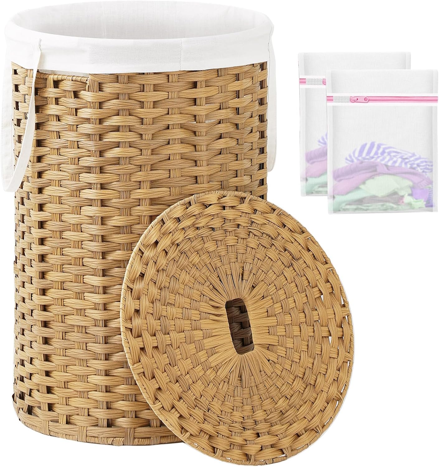 Laundry Hamper with Lid Laundry Basket with Lid 19.0 Gal (72 L) round Wicker Laundry Basket Handwoven Rattan Hamper Removable Bag 2 Mesh Bags Handles for Living Room Bathroom Natural