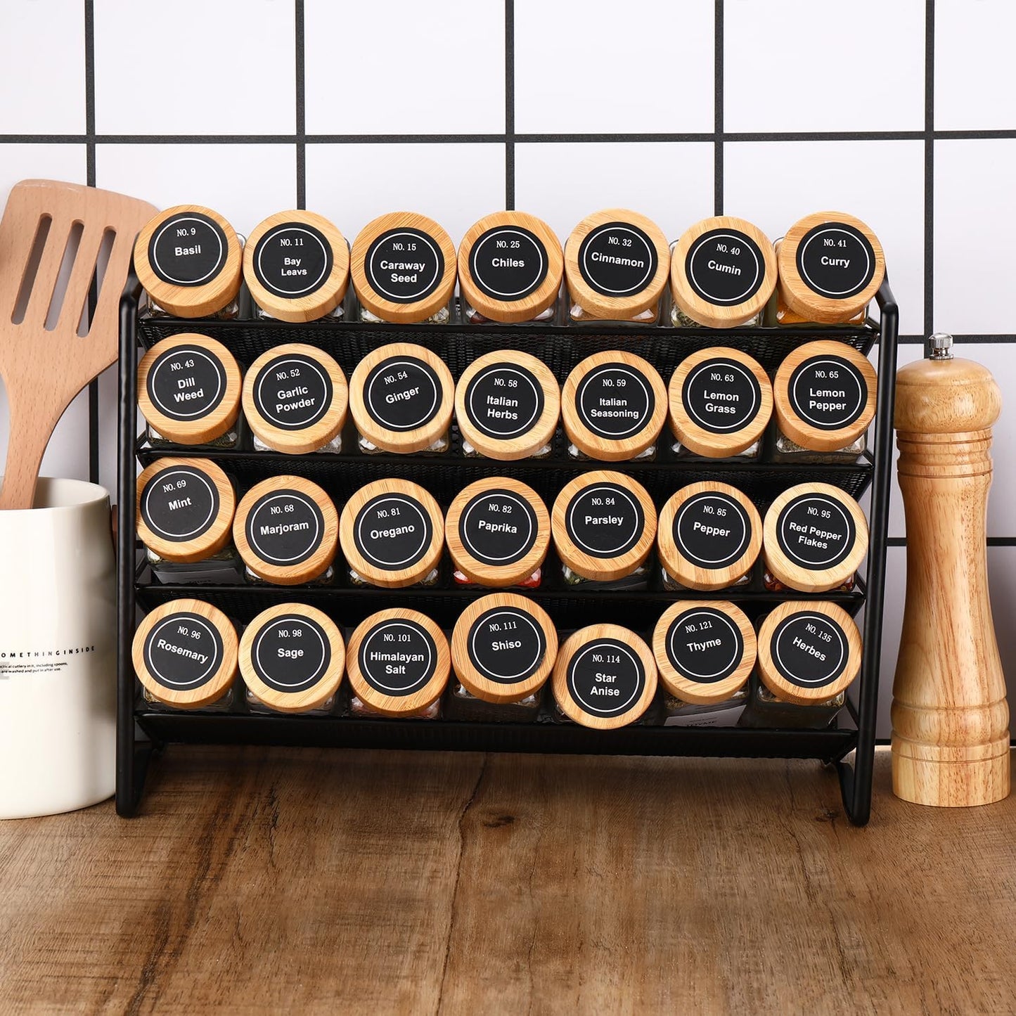 Glass Spice Jar Set with Bamboo Lids – Seasoning Organizer for Kitchen & Cabinet