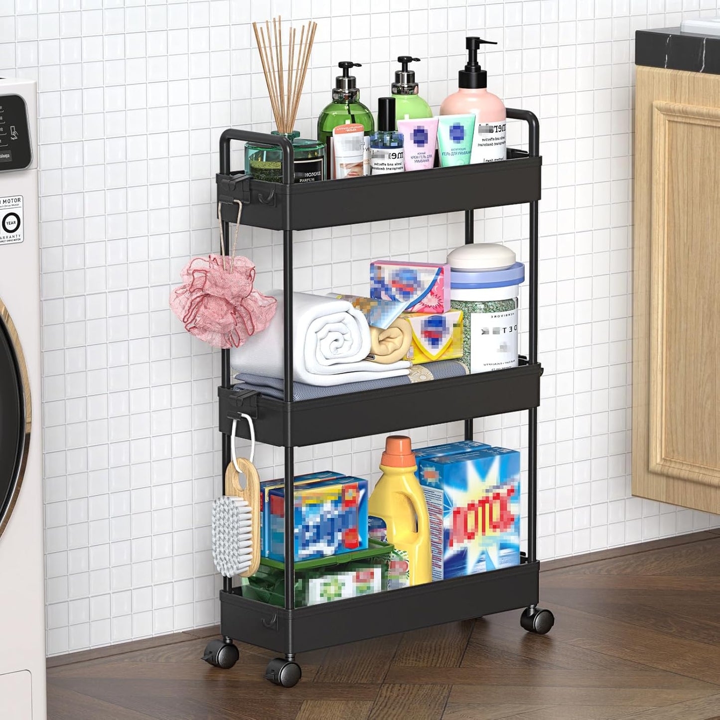 3 Tier Rolling Storage Cart with Wheels Slim Craft Nail Makeup Snack Art Baby Utility Cart Organizer on 2 Lockable Wheels for Bathroom Laundry Room Kitchen Bedside Narrow Spaces, White