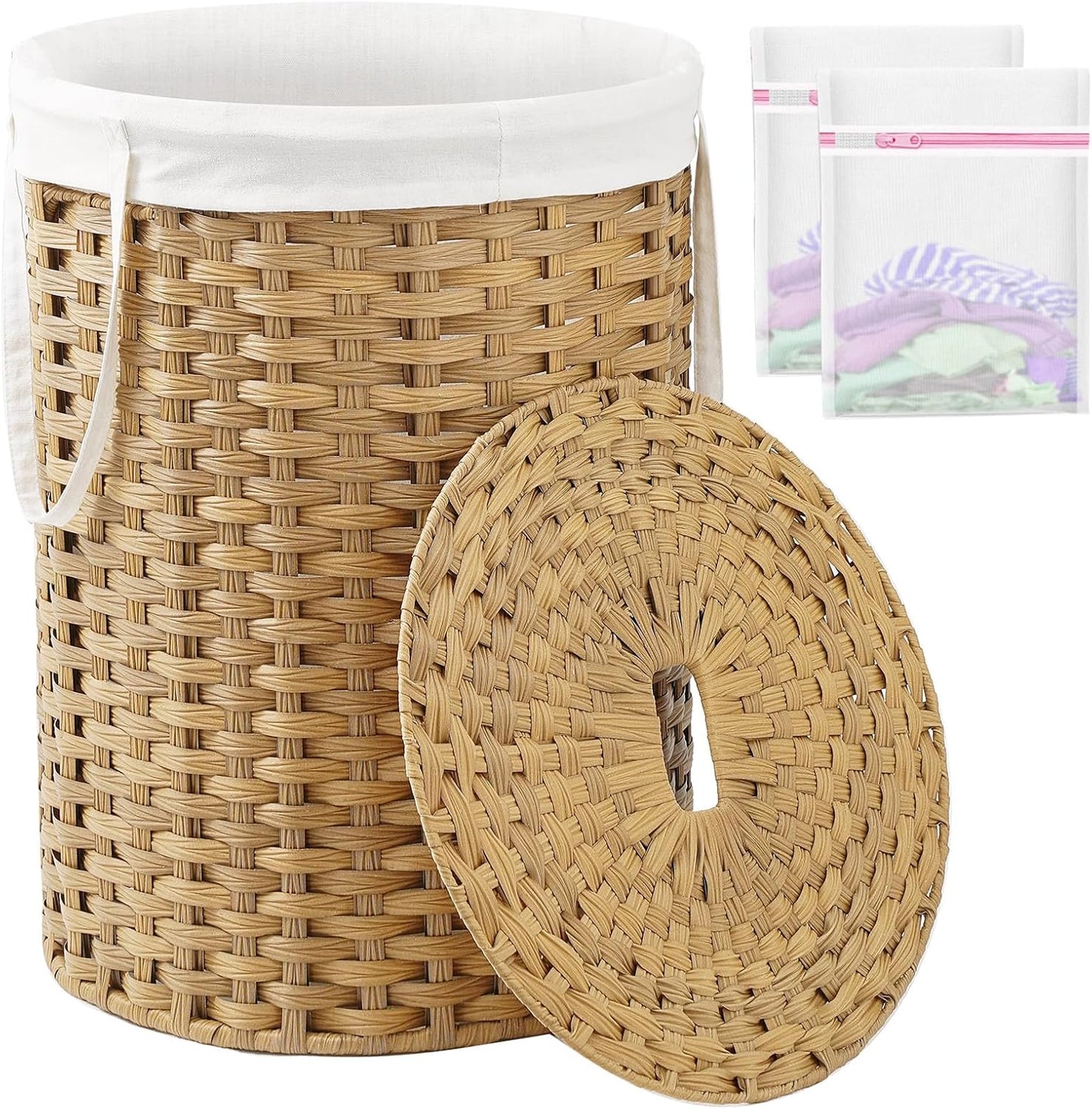 Laundry Hamper with Lid Laundry Basket with Lid 19.0 Gal (72 L) round Wicker Laundry Basket Handwoven Rattan Hamper Removable Bag 2 Mesh Bags Handles for Living Room Bathroom Natural