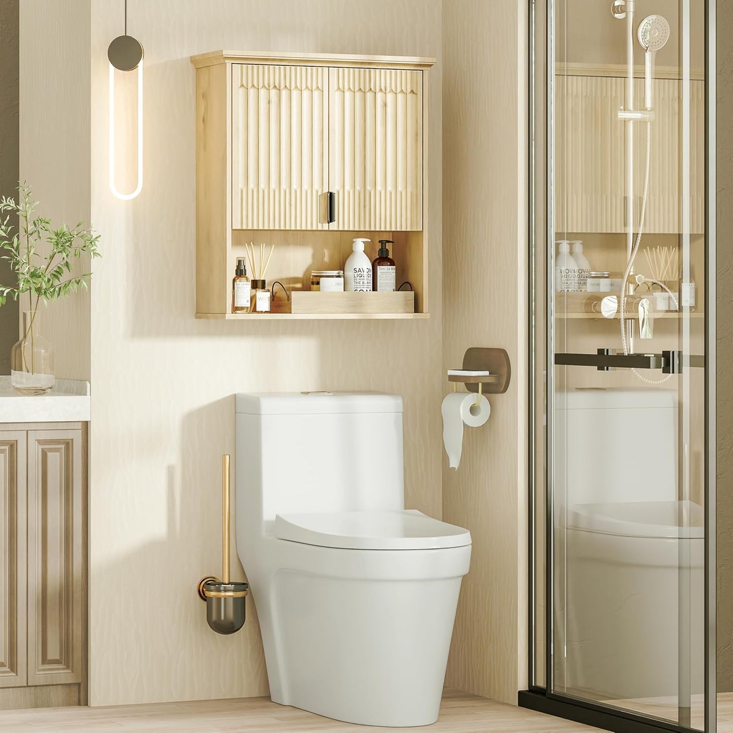 Wall Mounted Cabinet, Modern Medicine Cabinets with Fluted Doors and Adjustable Shelf over the Toilet Storage Organizer